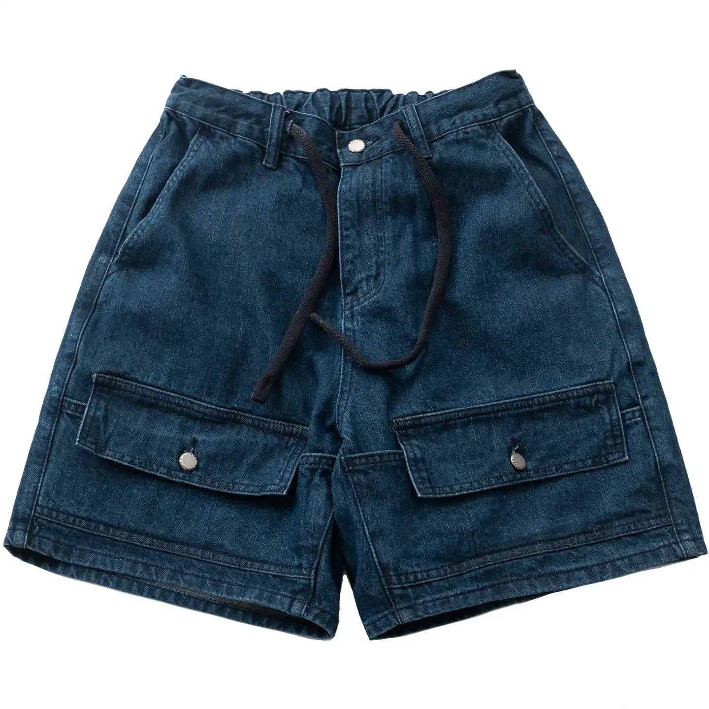 Summer Men's New Japanese Trendy Workwear Style Double Pocket Loose Drawstring Elastic Waist Denim Shorts for Men and Women