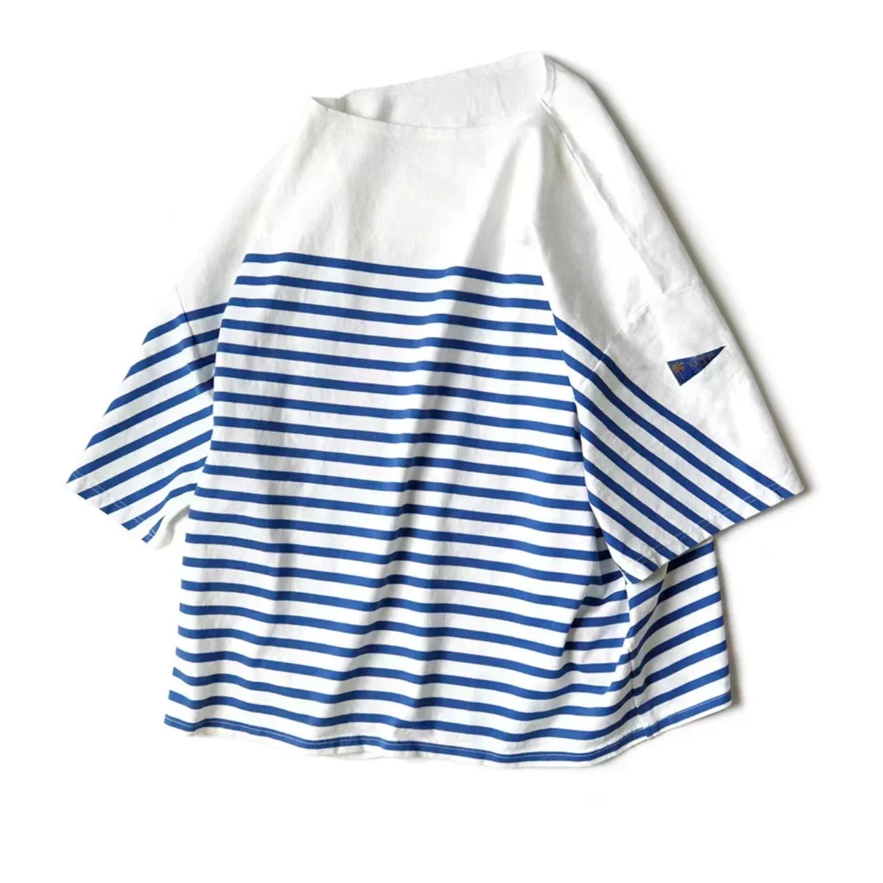 22SS KAPITAL Hirata Kazuhiro Blue and White Striped Color Matching Loose Three Flag Round Neck Short Sleeved T-shirt Men New