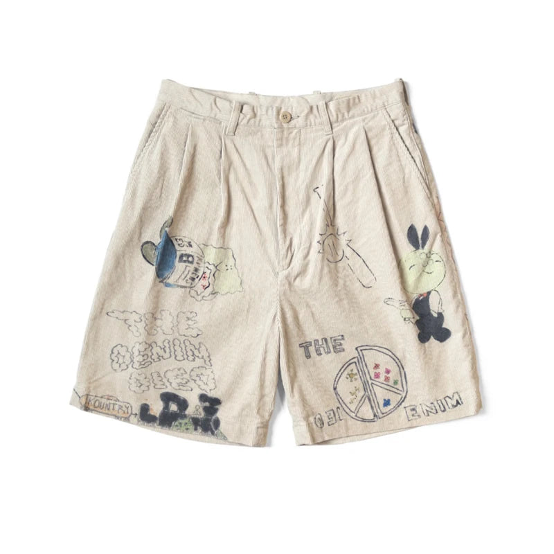 25SS KAPITAL Hirata and Hongri Style Casual Cartoon Fun Printed Washed Water Distressed Corduroy Shorts