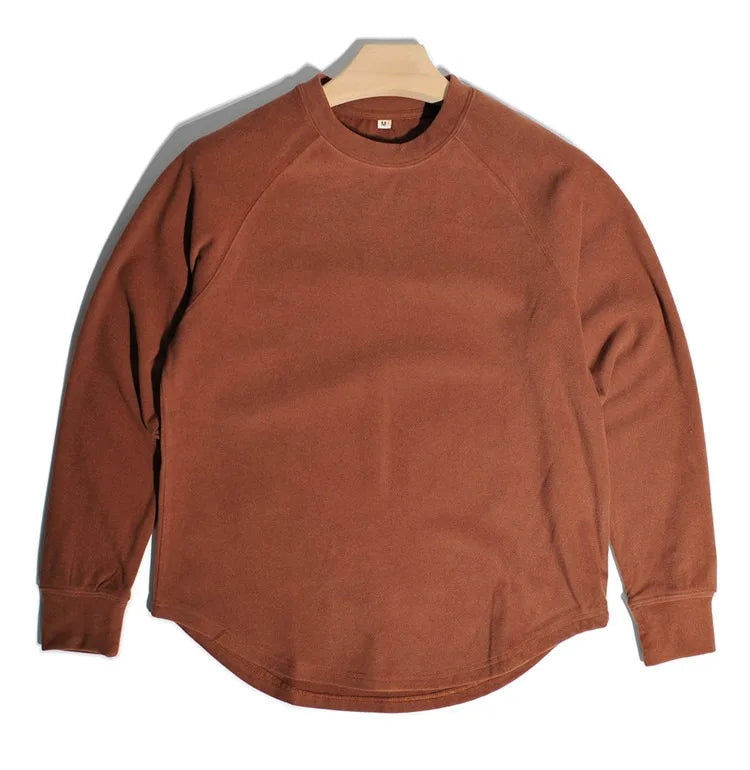 American Retro Double-sided Velvet Loose Curved Hem Warm Base T-Shirts Casual Shoulder Long Sleeved Tees Sweatshirt for Men