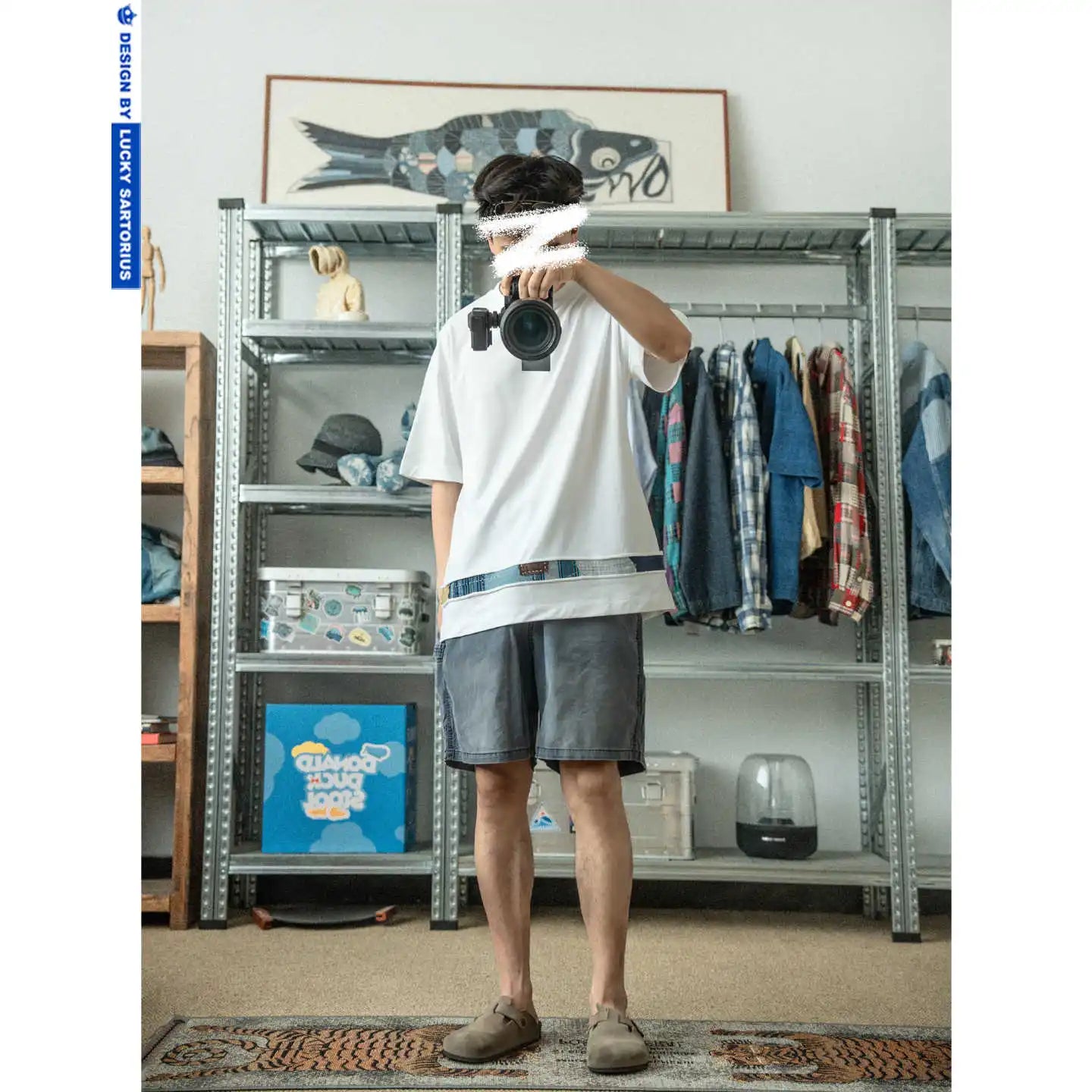 Indigo Retro Handmade Embroidery Patch Fabric Splicing Cotton Round Neck Short Sleeved T-shirt Men's and Women's Trendy Tees