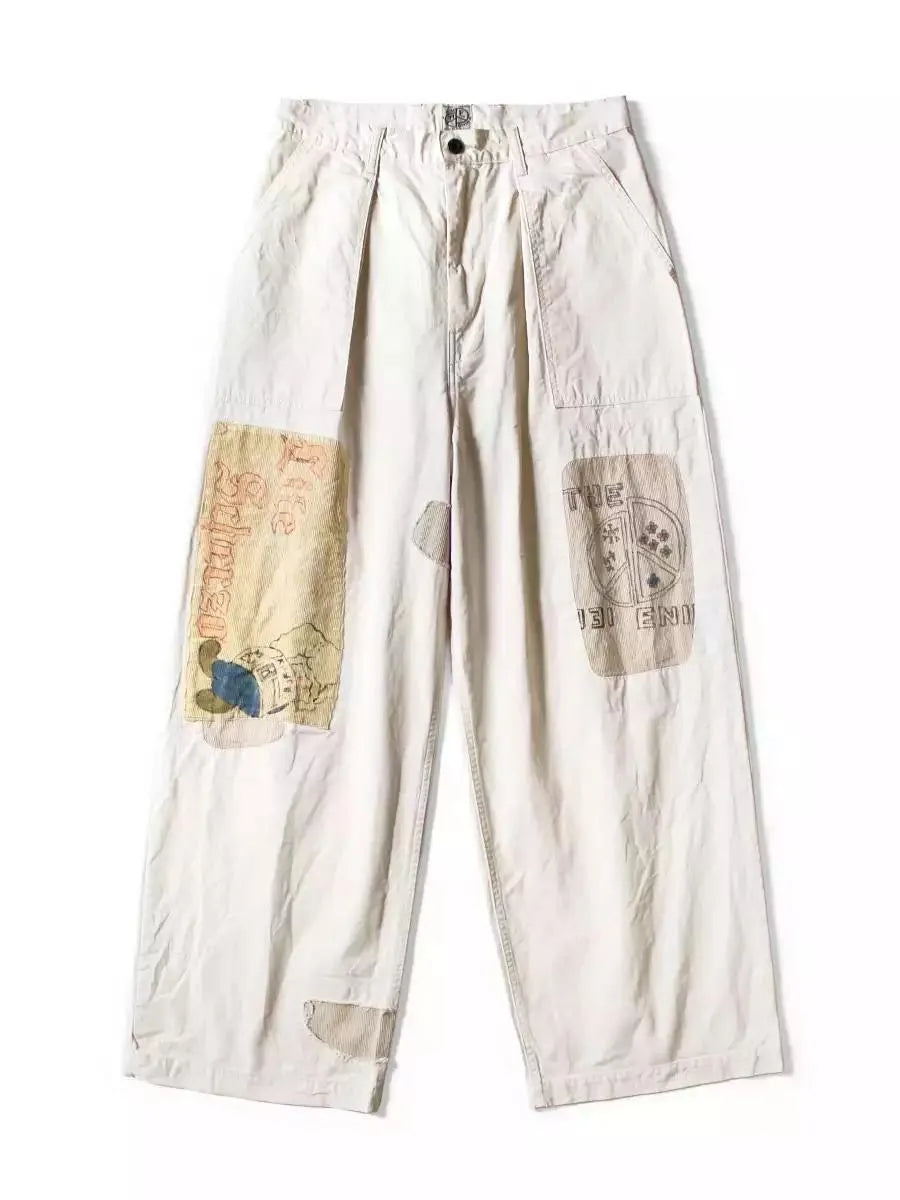 Japanese Style Hot Selling Kapital Washed Spliced Printed Patch Casual Pants for Men and Women