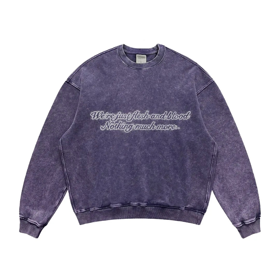 American Retro Washed Vintage Round Neck Sweatshirts Men's Street Style Hip Hop Off Shoulder Trendy Top for Autumn and Winter