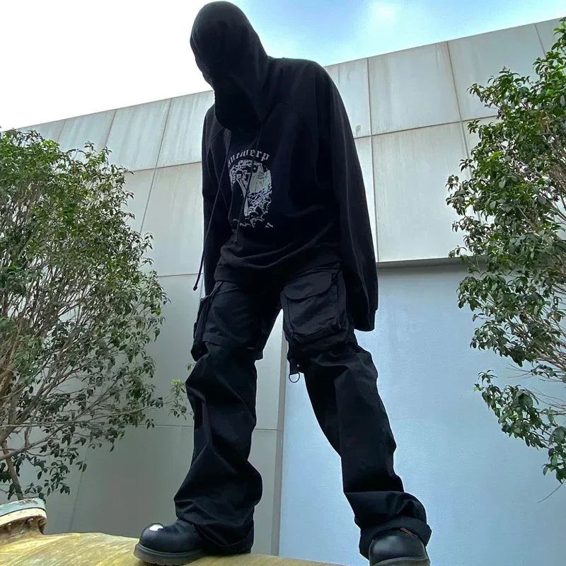 Archive Autumn Loose High Street Hoodie Men Black Casual Letter Printed Hooded Pullover with Figure Pattern