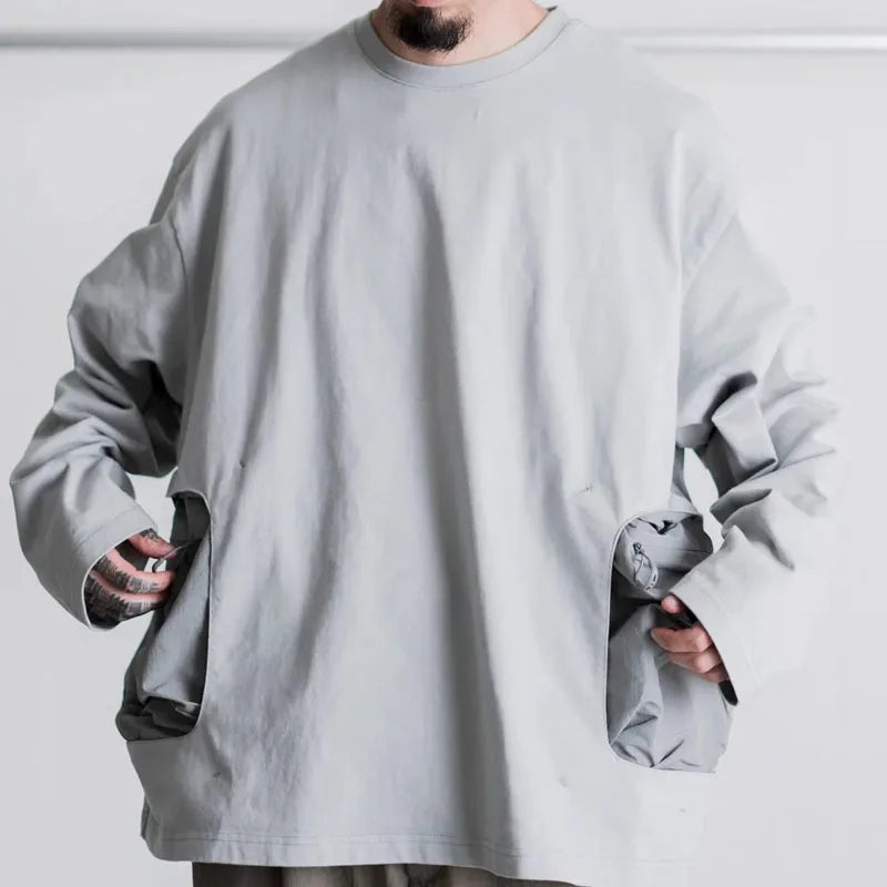 Hot Selling CMF Men's and Women's Outdoor Spliced Long Sleeved T-shirt with Nylon Pocket Loose Cotton Base Pullover