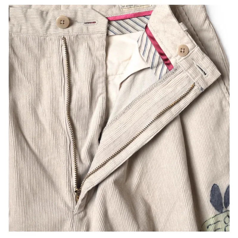 25AW KAPITAL Hirata and Hongri Retro Corduroy Washed Outdated Fun Printed Casual Capri Pants for Men New Arrival