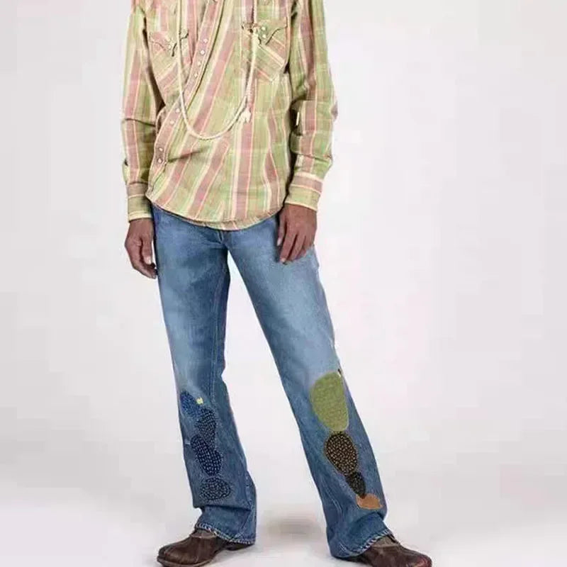 Kapital Vintage Hirata Hiroshi Patchwork Heavy Duty Wash Patch Embroidery Fashion Trendy Jeans for Men Denim Boot Cut Pants