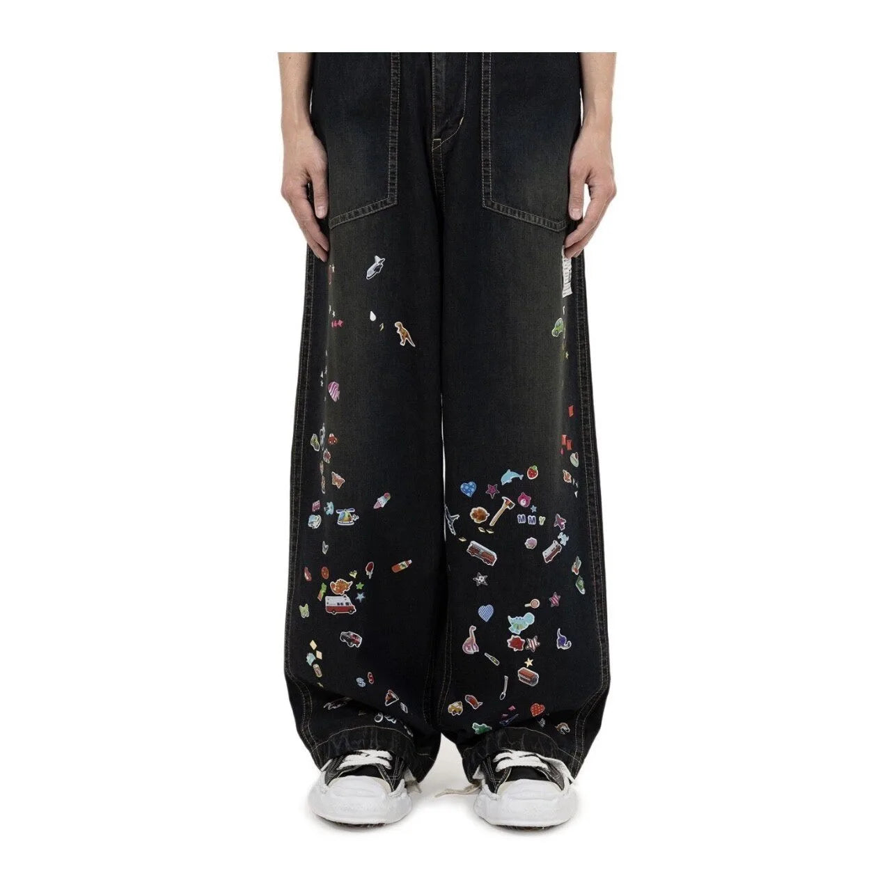 New MMY Sanyuan MIHARA Japanese Style Washed Water Distressed Fun Printed Denim Wide Leg Pants for Men