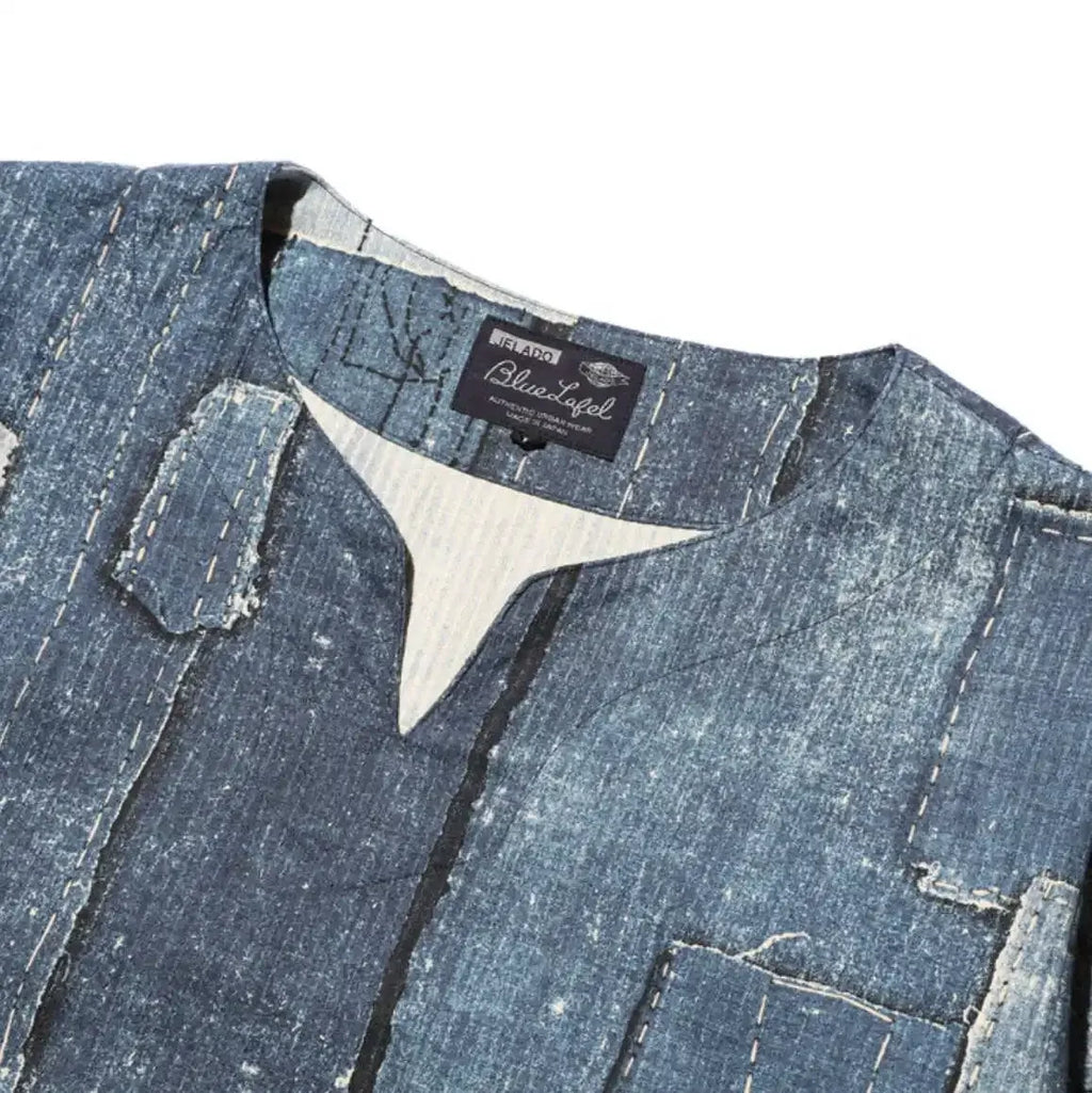 24AW JELADO Japanese Retro Men's and Women's Printed Denim Patchwork Collarless Loose Pullover Long Sleeved Shirt