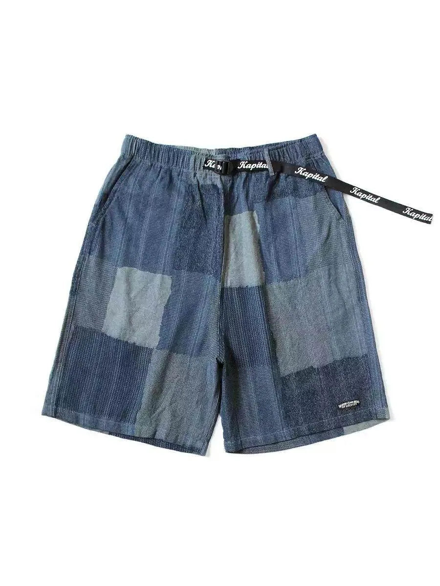 KAPITAL Japan Style Hirata Kazuhiro Cotton Color Blocked Jacquard Loose Shorts for Men Summer Wear