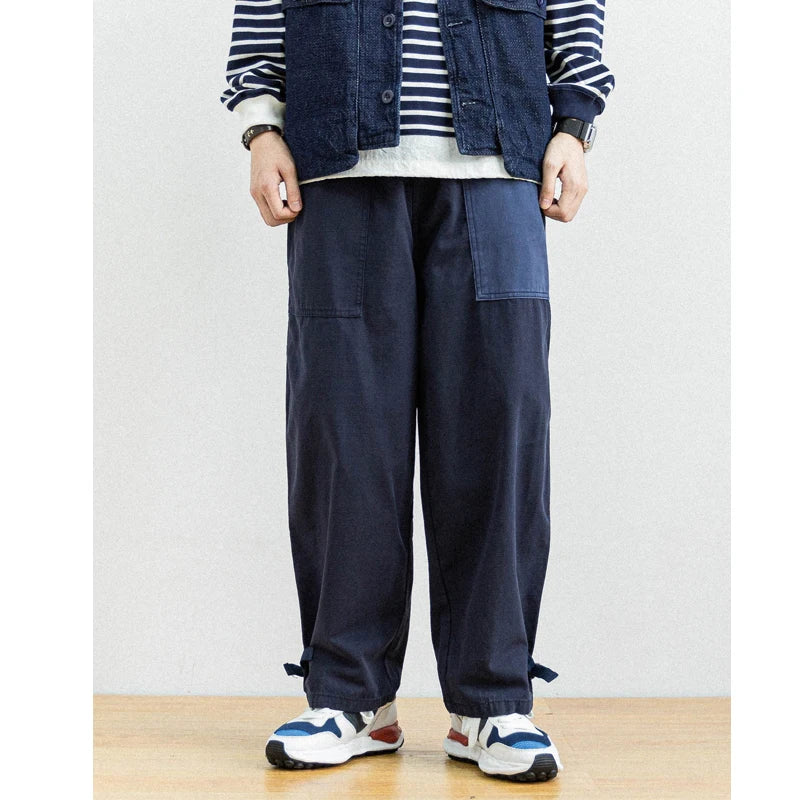 Japanese Style Men's Personalized Color Block Splicing Elastic Waist Loose Women's Bamboo Cotton Casual Pants Trendy