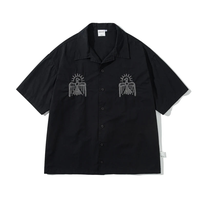 Japanese Thunderbird Embroidered Short Sleeve Casual Loose Shoulder Summer Shaped Shirt Men and Women