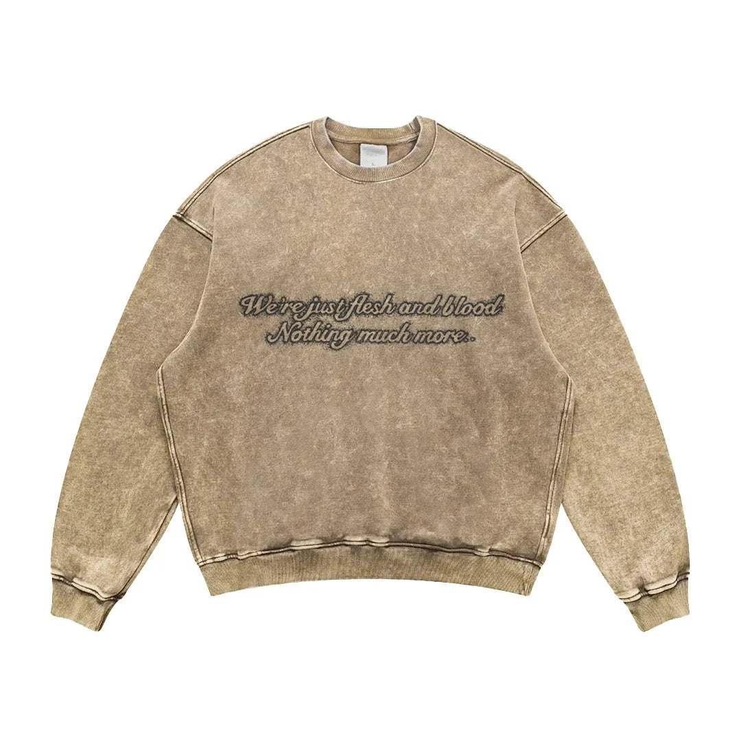 American Retro Washed Vintage Round Neck Sweatshirts Men's Street Style Hip Hop Off Shoulder Trendy Top for Autumn and Winter