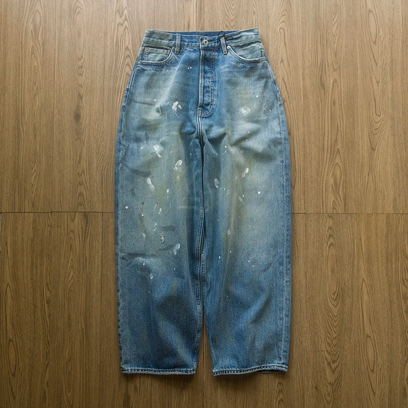 Water Washed Repainted Vintage Light Blue Jeans Japanese Trendy Men's and Women's Loose Straight Leg Heavyweight Pants