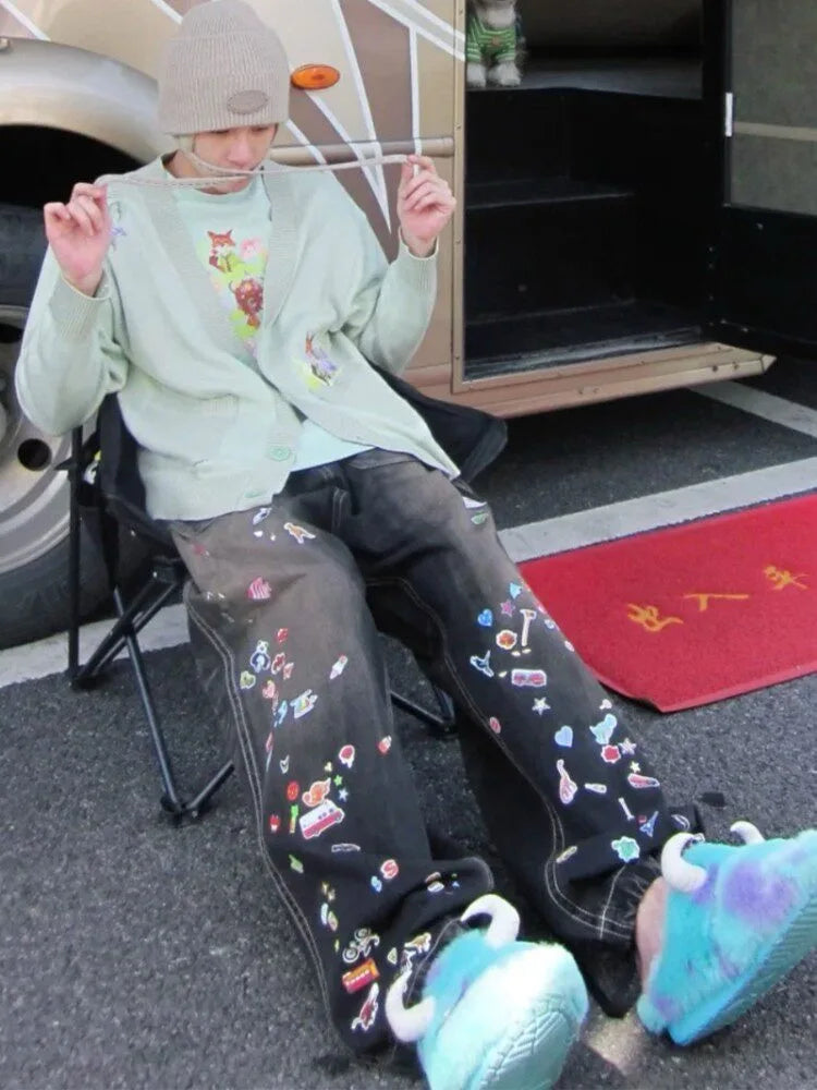 New MMY Sanyuan MIHARA Japanese Style Washed Water Distressed Fun Printed Denim Wide Leg Pants for Men