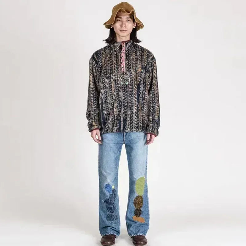 Kapital Vintage Hirata Hiroshi Patchwork Heavy Duty Wash Patch Embroidery Fashion Trendy Jeans for Men Denim Boot Cut Pants