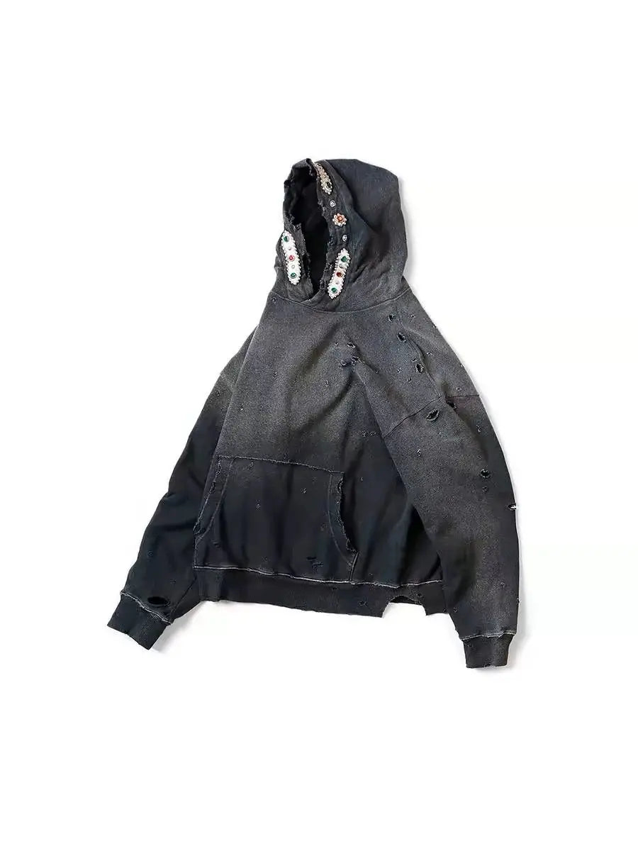 25AW KAPITAL Hirata Kazuhiro Japanese Style Wax Print Washed Damage Gem Hoodies Men Hooded Pullover