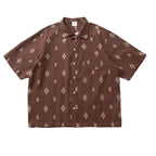 Japanese Retro Geometric Cut Flower Short Sleeved Shirt Summer Casual Loose Cuban Collar Top for Men