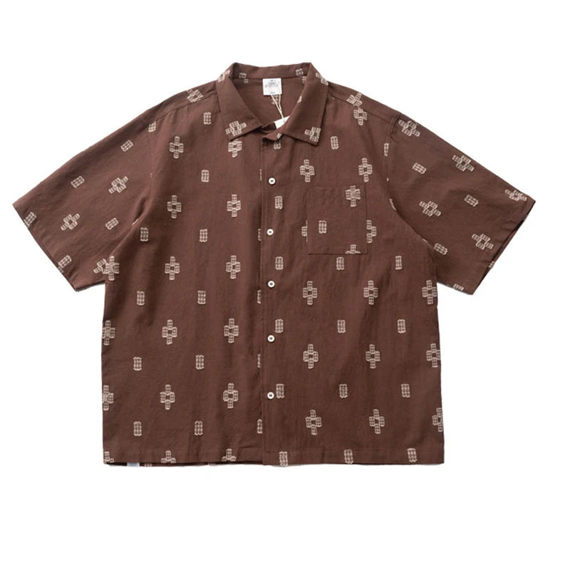 Japanese Retro Geometric Cut Flower Short Sleeved Shirt Summer Casual Loose Cuban Collar Top for Men