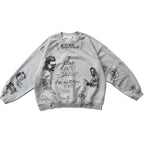 American Retro Washed Distressed Hand Drawn Graffiti Printed Round Neck Hoodie for Men and Women Loose Casual Top