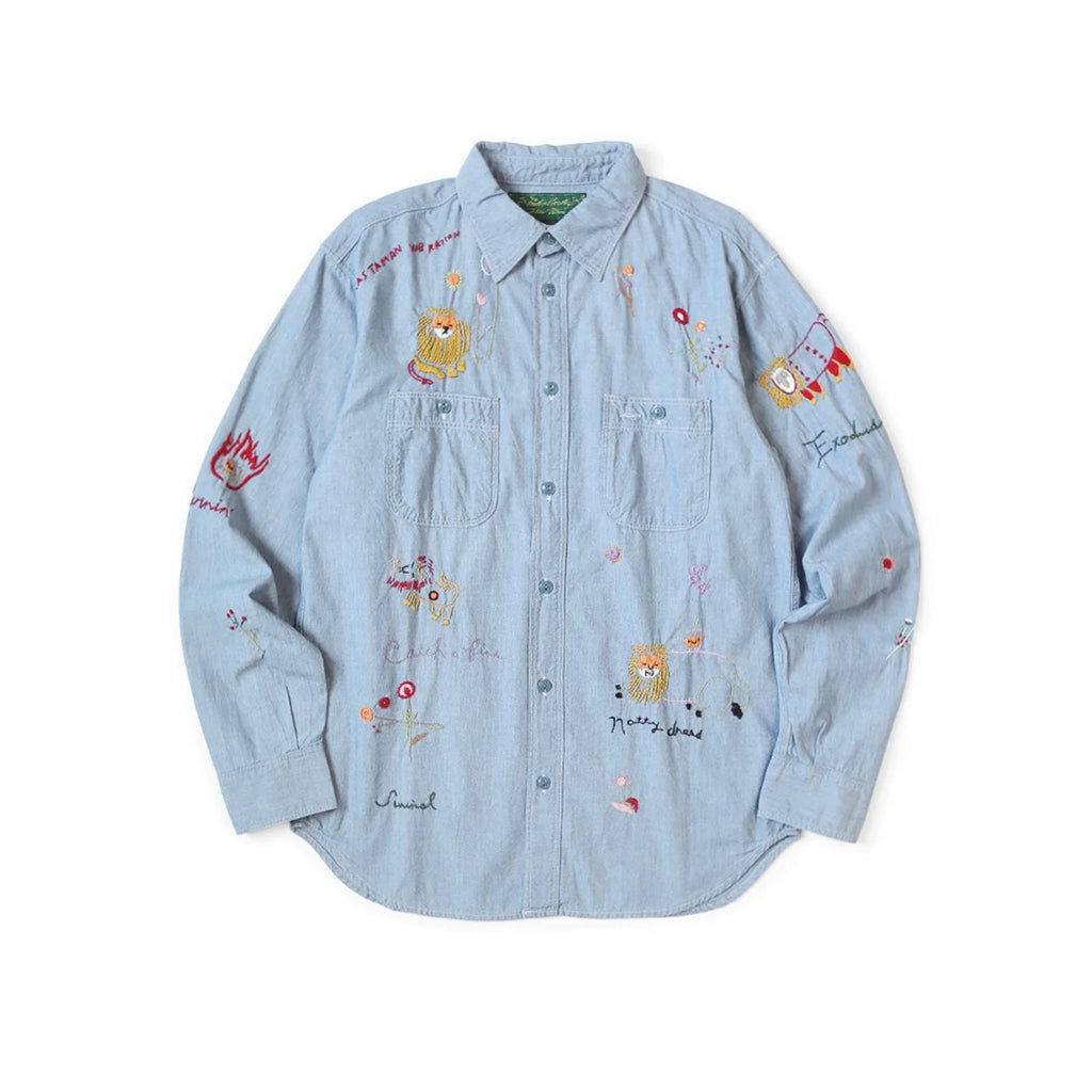 25AW KAPITAL Hirata Kazuhiro Casual Lion Flower Ten Thousand Needle Embroidery Lapel Cotton Long Lining Shirt for Men