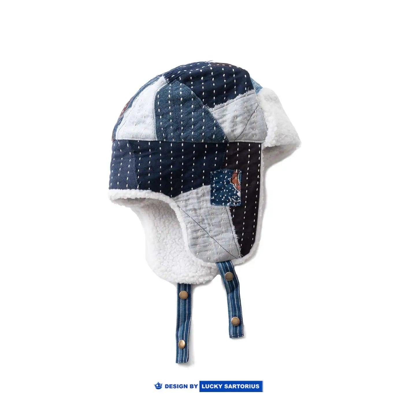 Embroidered Indigo Patchwork Warm Ear Protection Bomber Hat for Men and Women Winter with Thick Velvet and Anti Cold Flying Hat