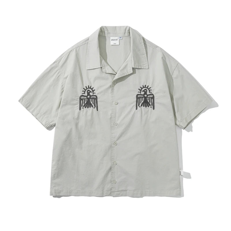 Japanese Thunderbird Embroidered Short Sleeve Casual Loose Shoulder Summer Shaped Shirt Men and Women