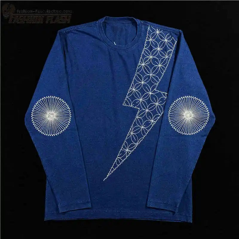 KAPITAL Hirata Kazuhiro's New Japanese Blue Dye Embroidered Lightning Retro Trend Casual Long Sleeved T-shirt for Men