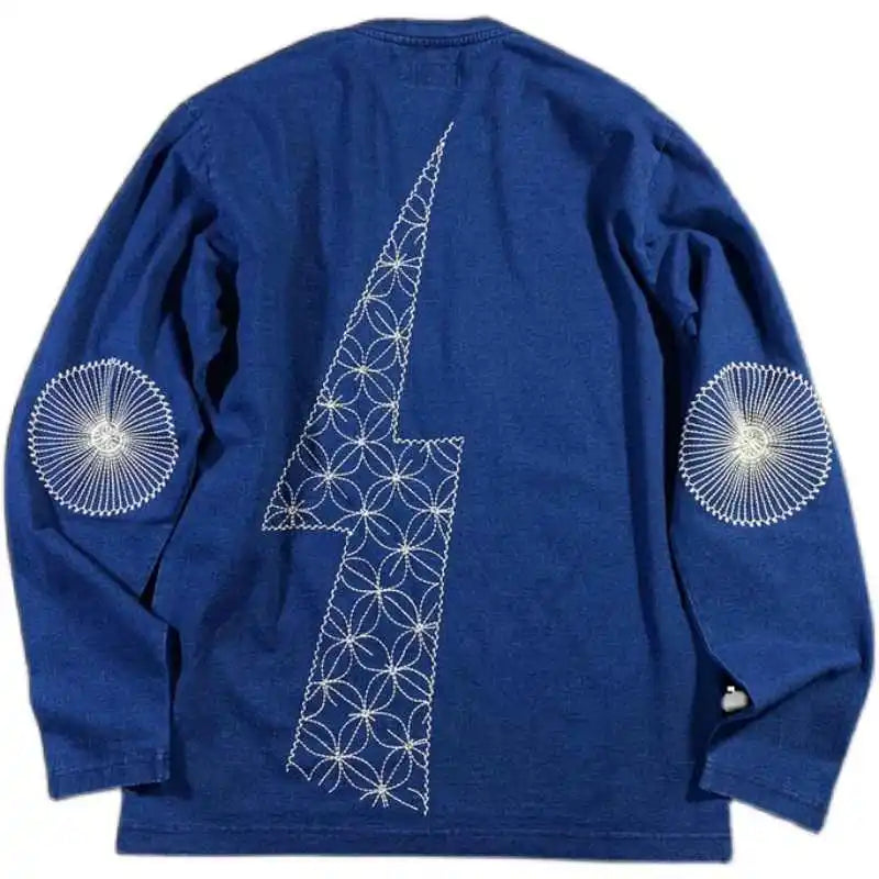 KAPITAL Hirata Kazuhiro's New Japanese Blue Dye Embroidered Lightning Retro Trend Casual Long Sleeved T-shirt for Men