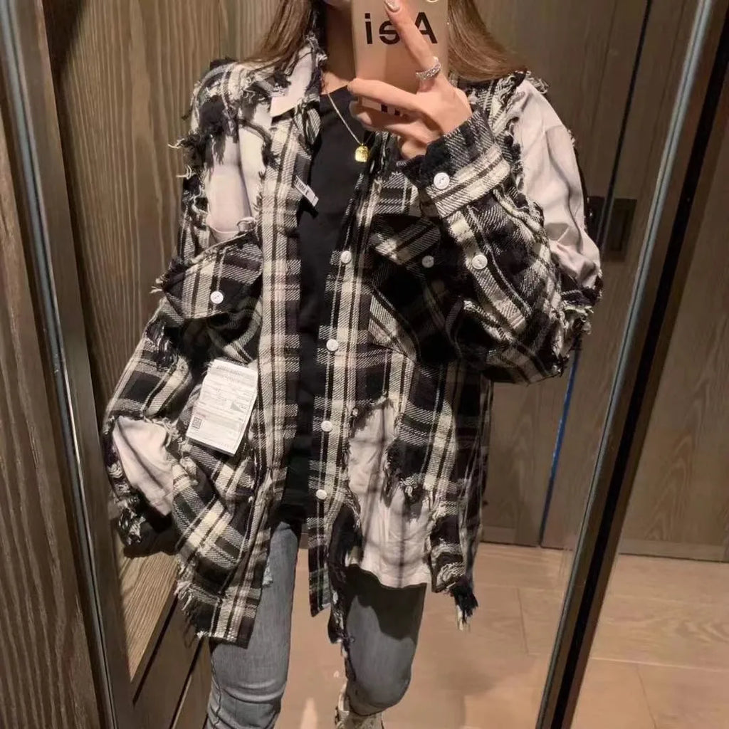 21SS MM Japanese Black and White Checkered Distressed Double Layered Shirt for Men Fashion Make Old Jacket