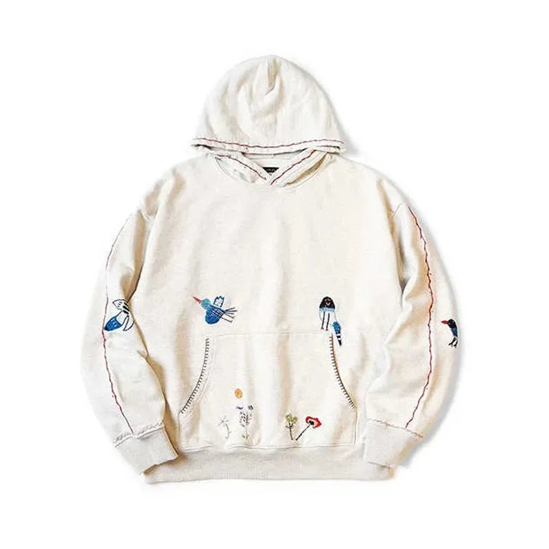 24AW KAPITAL Hirata Kazuhiro hoodies Japanese Casual Flower Bird Embroidery Cotton Loose Hooded Sweatshirt for Men