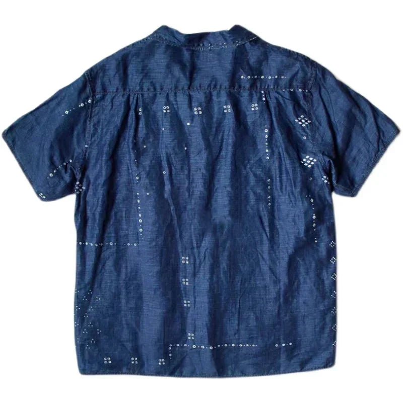 Japan KAPITAL Hirata Hohiro Blue Dyed Denim Cotton Hemp Print Women and Men Vintage Loose Short Sleeved Shirt
