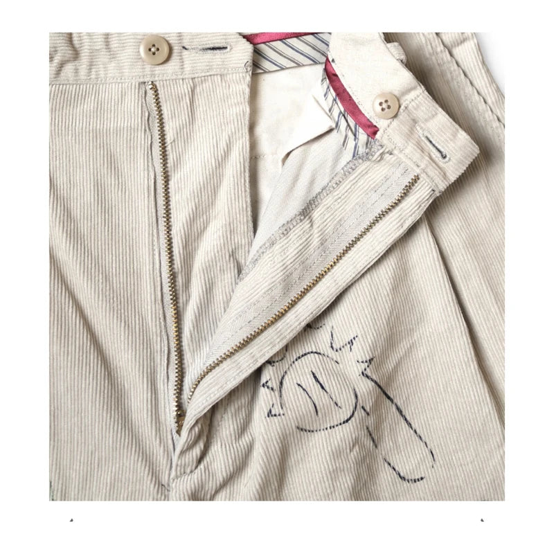 25SS KAPITAL Hirata and Hongri Style Casual Cartoon Fun Printed Washed Water Distressed Corduroy Shorts