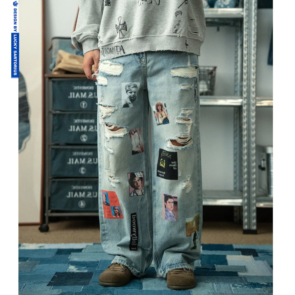 Autumn and Winter Thick Denim with Perforated Portrait Print Niche Straight Leg Long Jeans Men's and Women's Fashion Pant