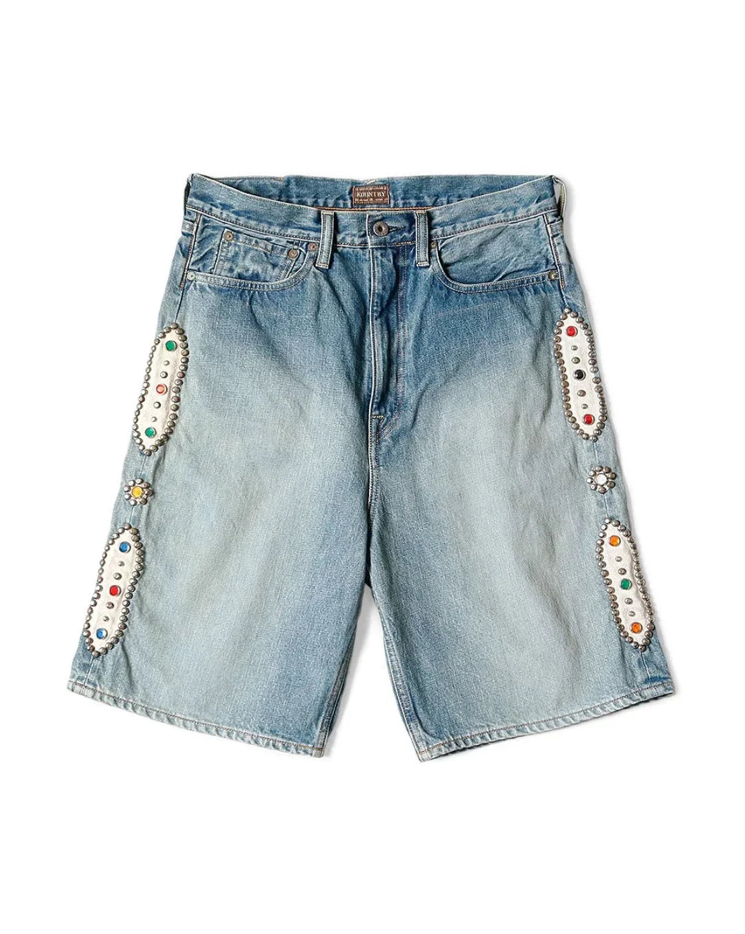 Japan KAPITAL Hirata 23SS New Blue Dyed Retro Made Old Wash Loose Rivet Colored Inlaid Diamond Gem Denim Shorts for Men