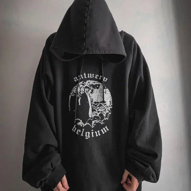 Archive Autumn Loose High Street Hoodie Men Black Casual Letter Printed Hooded Pullover with Figure Pattern