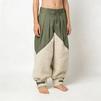 KAPITAL Hirata Hohiro Lamb Cashmere Spliced Amekaji Work Casual Style Men's Loose Green Harlan Pants