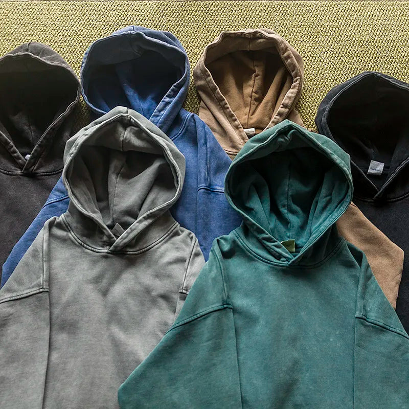 420g Pure Cotton Wax Printed Vintage Hooded Sweatshirt with Loose Shoulder Men's and Women's Washed Solid Color Hoodie