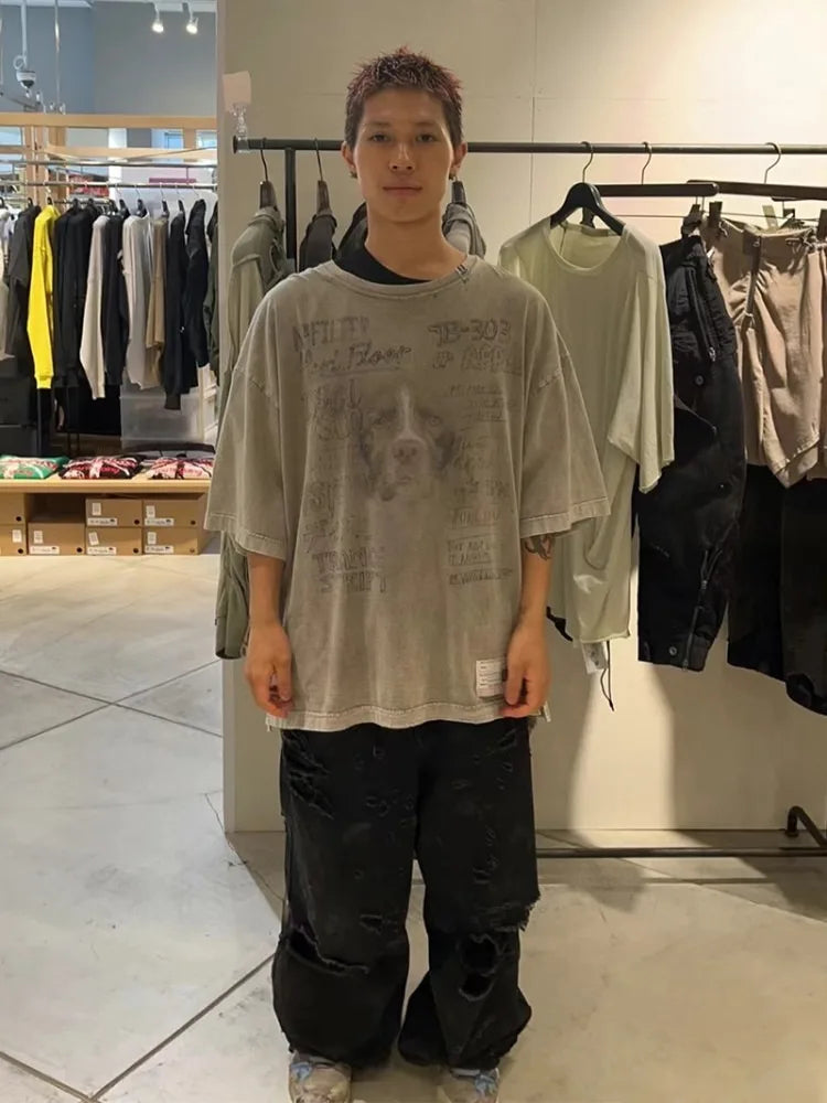 24SS MMY Japanese Casual Pure Cotton Tees for Men Round Neck Washed Retro Printed Short Sleeved T-shirt