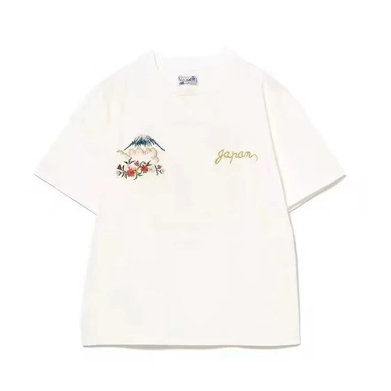 25SS Japanese Retro Summer New Style Cherry Blossom Letter Embroidery Round Neck Casual Short-sleeved T-shirt for Men and Women