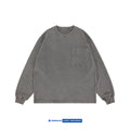 Japanese Patch Pocket Waffle Washed Loose Shoulder Tops Round Neck Long Sleeved T-shirt for Men