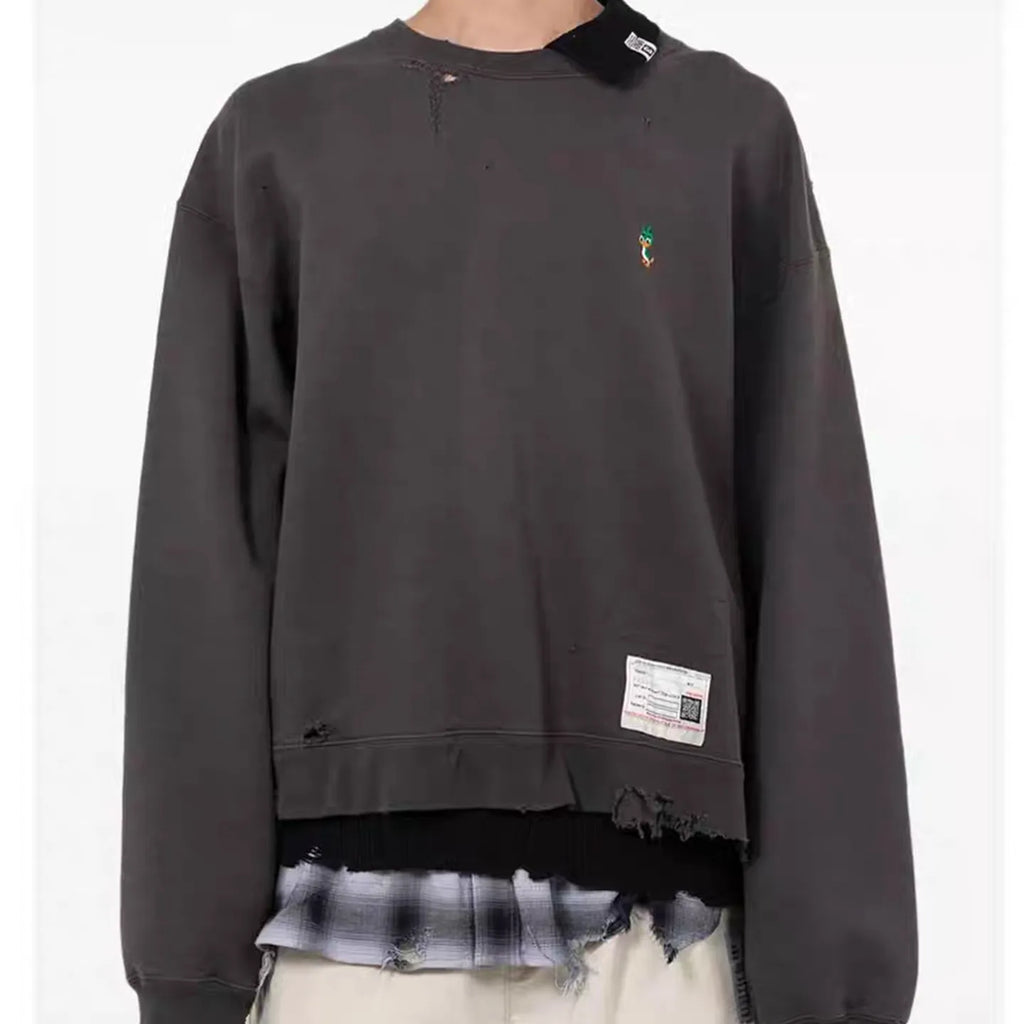25AW MMY Japanese Washing Water Pullover Old Retro Perforated Layered Round Neck Sweatshirts