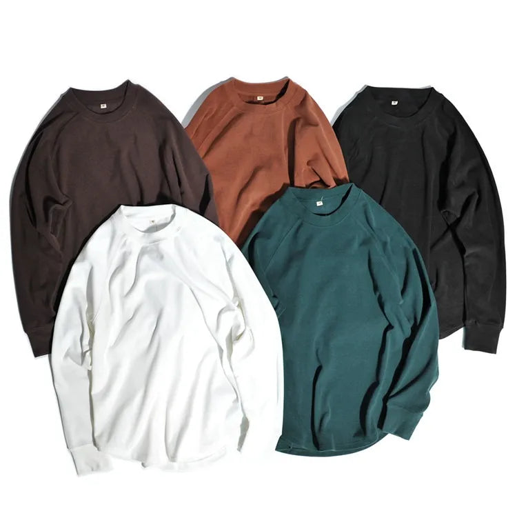 American Retro Double-sided Velvet Loose Curved Hem Warm Base T-Shirts Casual Shoulder Long Sleeved Tees Sweatshirt for Men