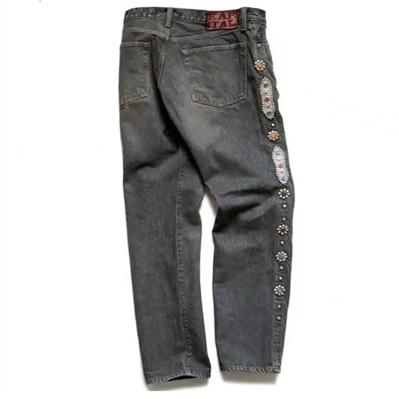 KAPITAL Hirata Kazuhiro Japan 24SS Classic Rivet Set Diamond Casual Cowboy Gemstone Craft Men Vintage Jeans Pants