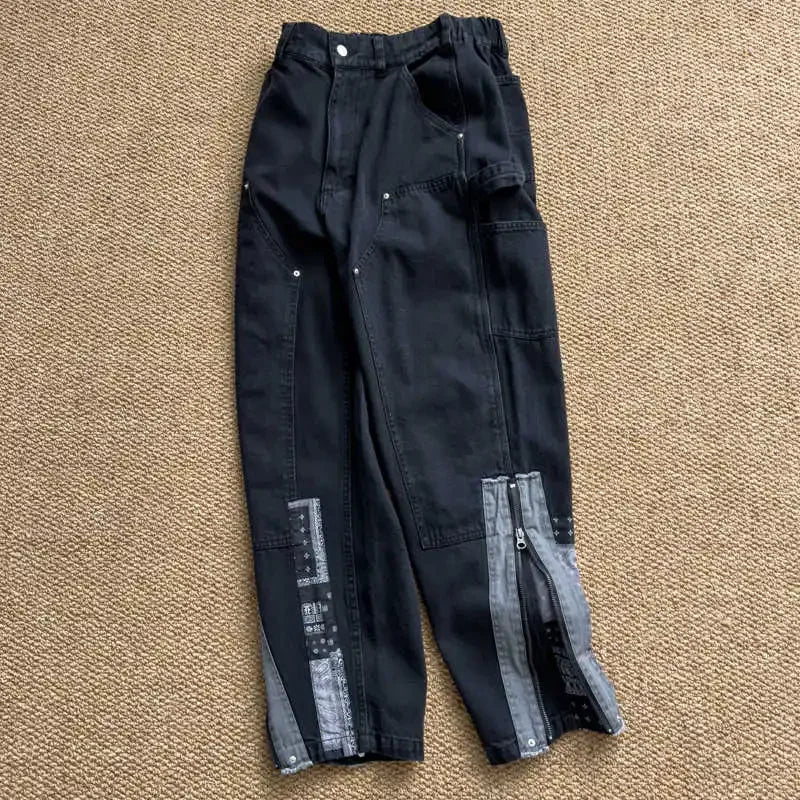 Japanese Retro Double Knee Patch with Ethnic Style Cashew Flower Patch Patchwork Jeans for Men and Women's Fashion Pants