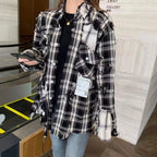 21SS MM Japanese Black and White Checkered Distressed Double Layered Shirt for Men Fashion Make Old Jacket