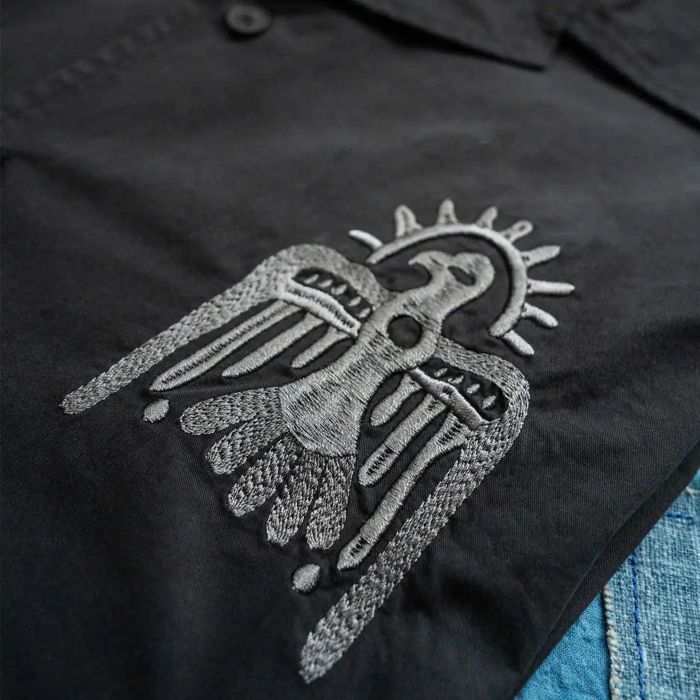 Japanese Thunderbird Embroidered Short Sleeve Casual Loose Shoulder Summer Shaped Shirt Men and Women