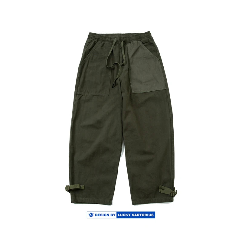 Japanese Style Men's Personalized Color Block Splicing Elastic Waist Loose Women's Bamboo Cotton Casual Pants Trendy