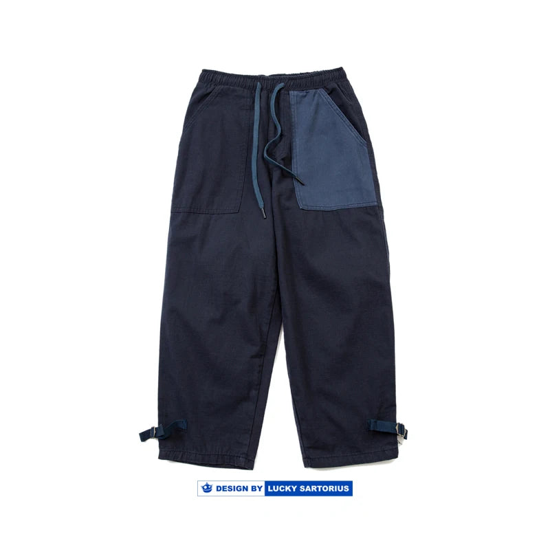 Japanese Style Men's Personalized Color Block Splicing Elastic Waist Loose Women's Bamboo Cotton Casual Pants Trendy