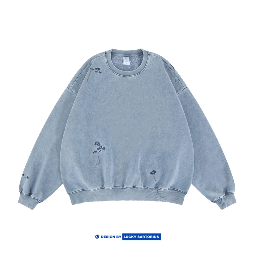 Japanese Retro Washed Distressed Embroidered Flower Round Neck Hoodie for Men and Women Loose Casual Top